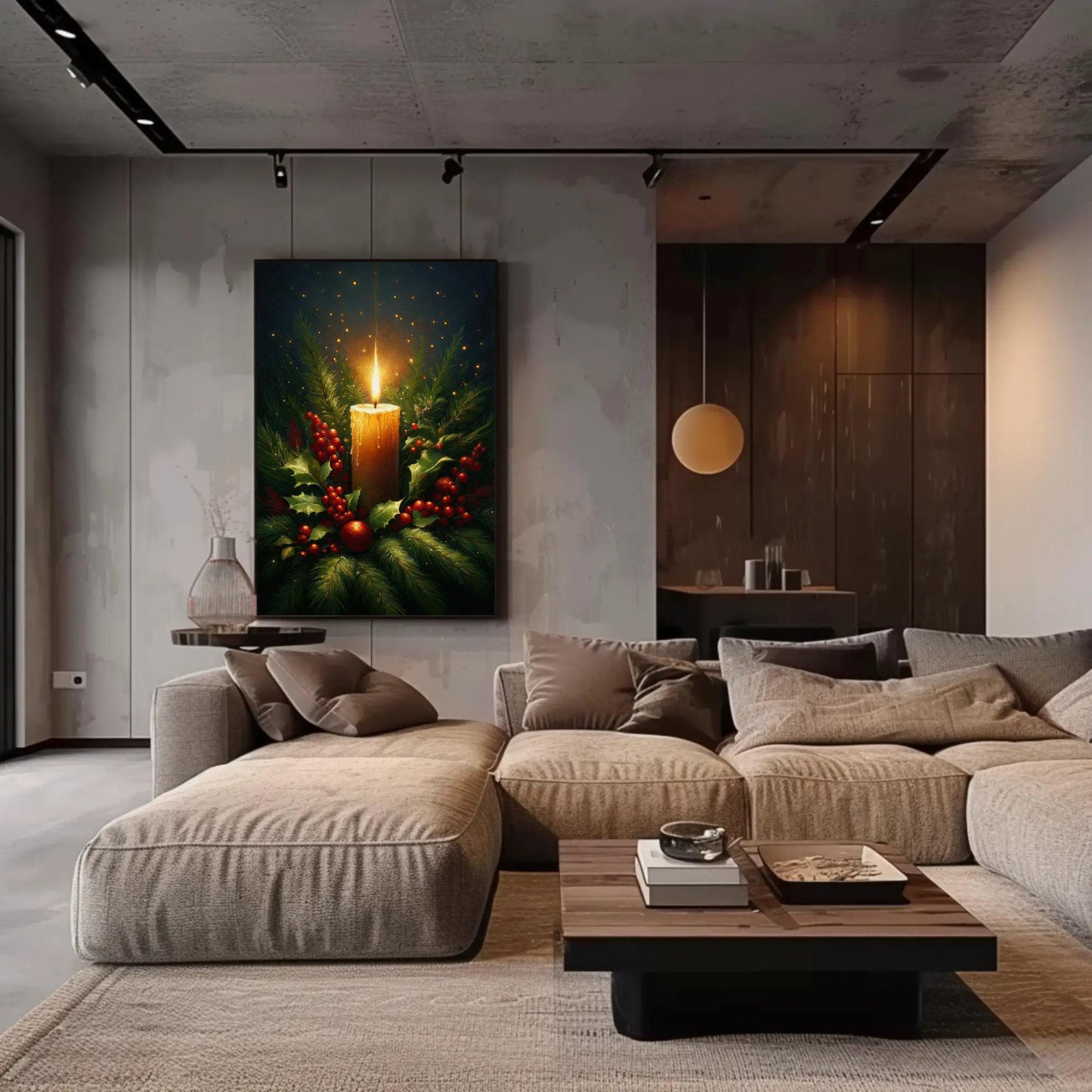 Christmas Candle canvas wall art shown in a living room
