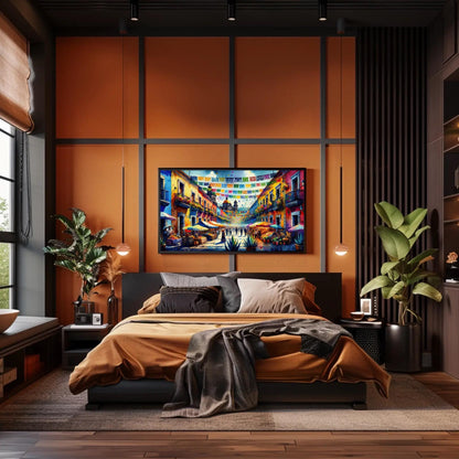 Mexican Street Scene , Traditional Pueblo canvas wall art shown in a bedroom