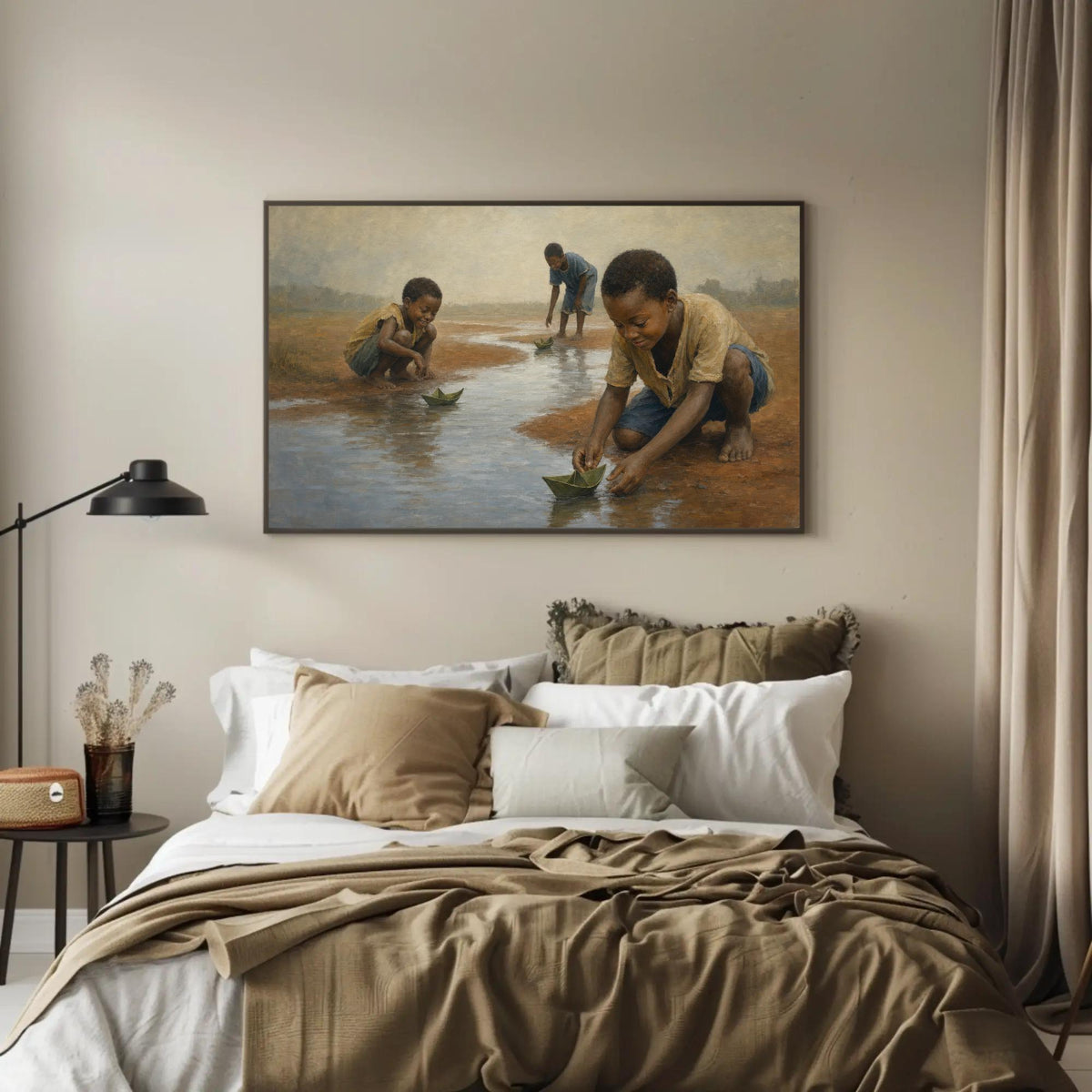 Children with paper boats canvas wall art, serene scene of three children playing in a river, with one child sitting in the
