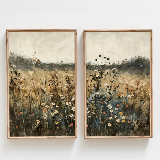two paintings of flowers on a white wall
