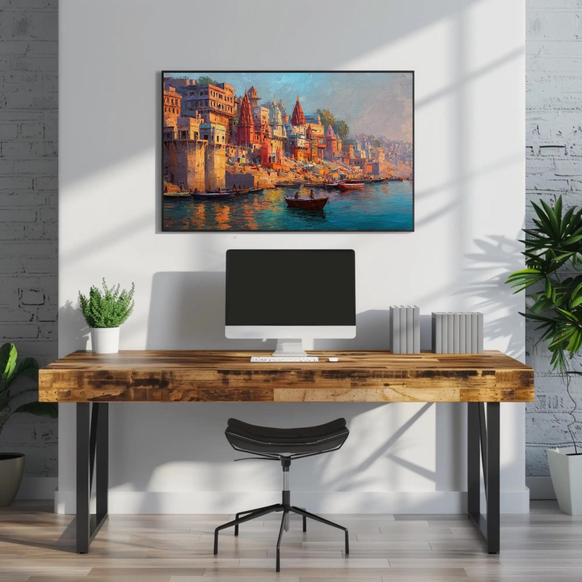 Varanasi Ghat canvas wall art shown above a desk
