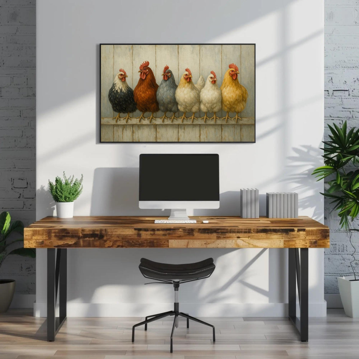Six farmhouse hens canvas wall art in a room setting