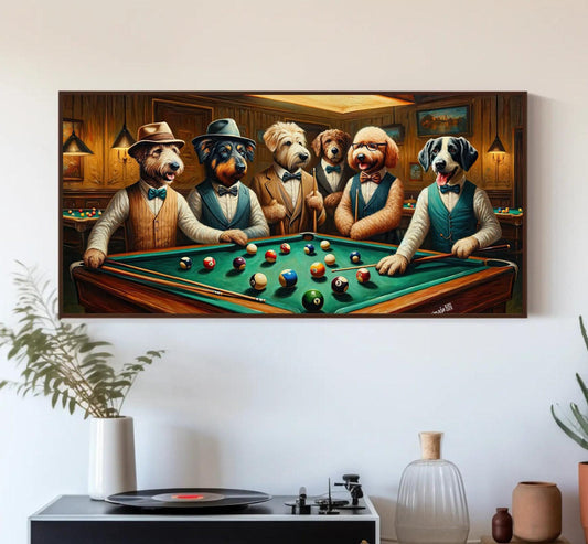 Dogs Playing Pool Canvas Print, Vintage Mancave Wall Art Decor