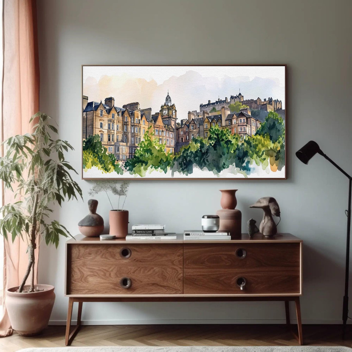 Edinburgh Scotland canvas wall art shown in a styled room