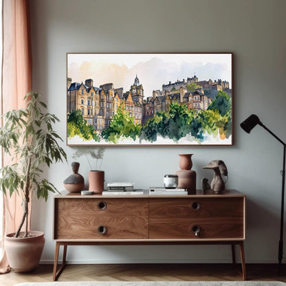 Edinburgh Scotland canvas wall art shown in a styled room