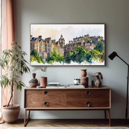 Edinburgh Scotland canvas wall art shown in a styled room