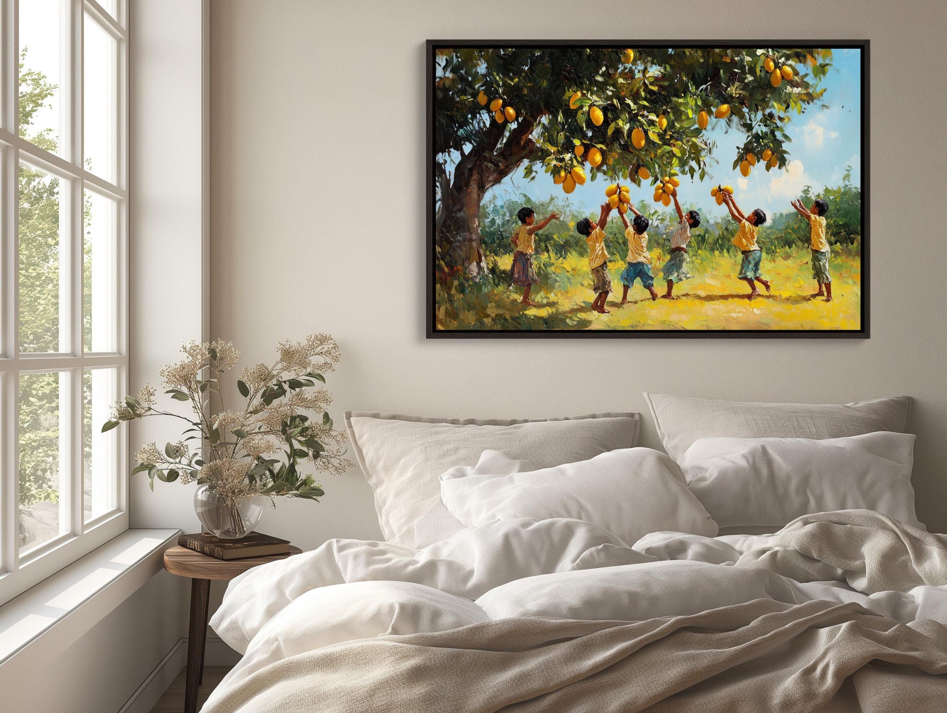 Indian Kids Mango Tree , Desi Children canvas wall art shown in a styled room (view 4)