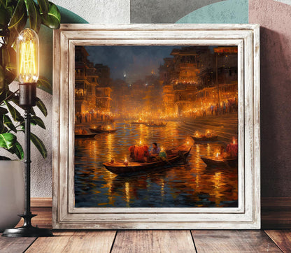 Varanasi Diwali , Ganges Festival Lights canvas wall art in gold tones (view 2)