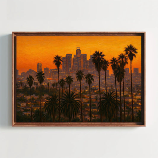 a painting of palm trees in front of a city skyline