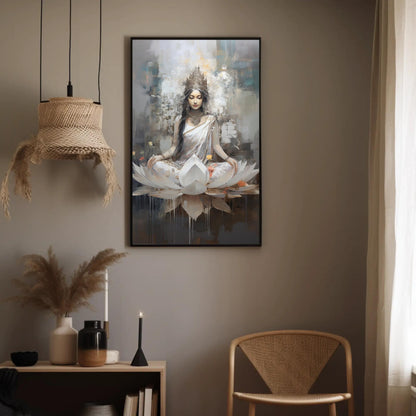Goddess Lakshmi , Hindu Lotus canvas wall art shown in a styled interior