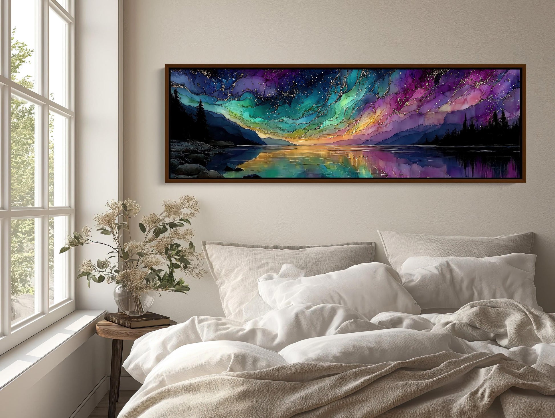 Aurora Lake , Northern Lights Panoramic canvas wall art shown in a bedroom