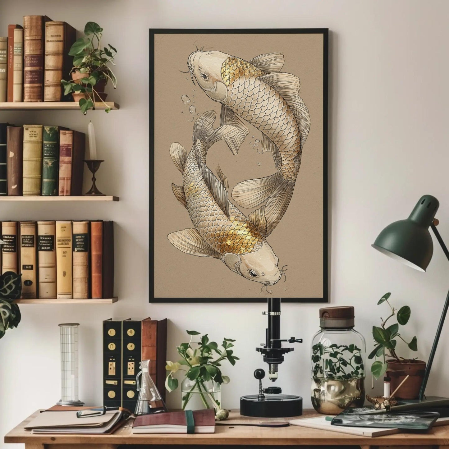 Japanese Koi Fish Art canvas wall art shown above a desk