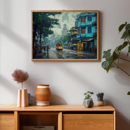 Kolkata , Vibrant Bengali City Street canvas wall art shown above a cabinet