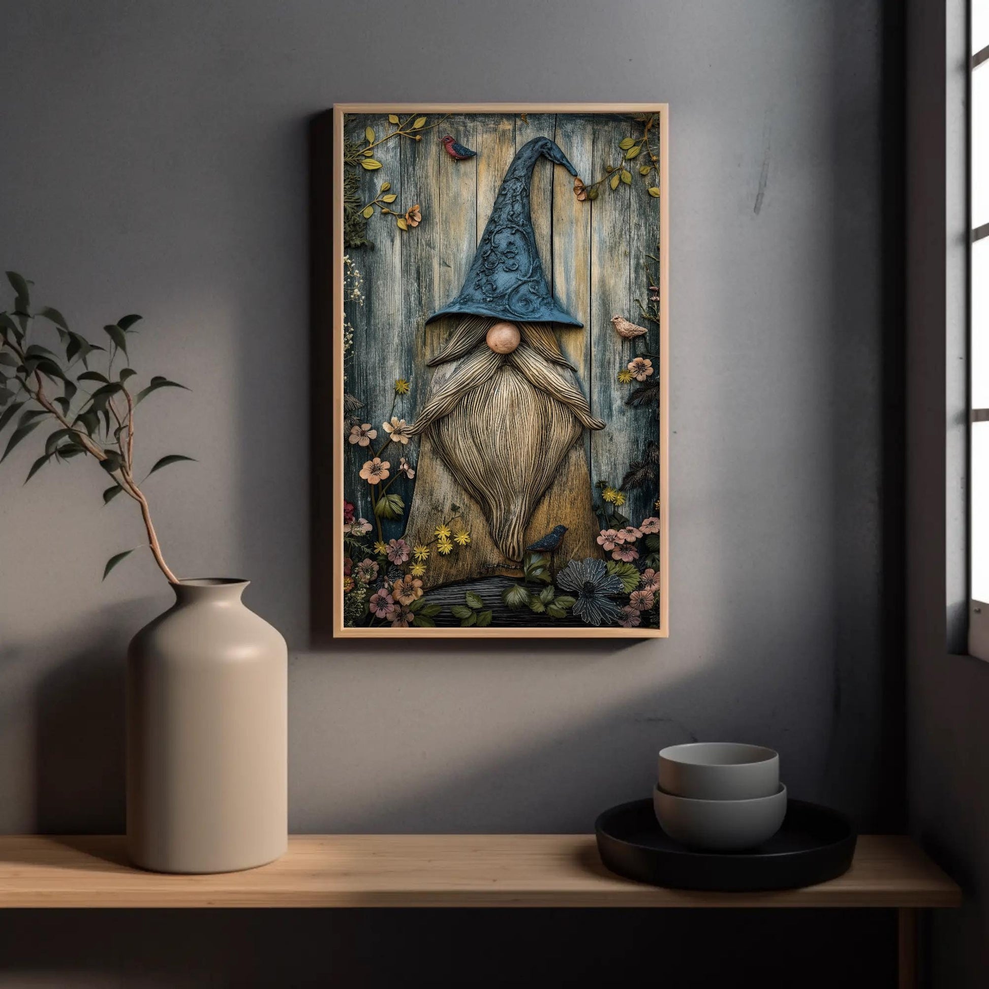 Gnome , Whimsical Garden Cottagecore canvas wall art shown in a styled room (view 3)