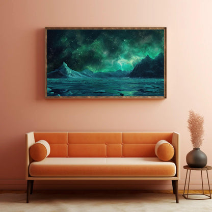 Antarctica Night canvas wall art shown in a living room
