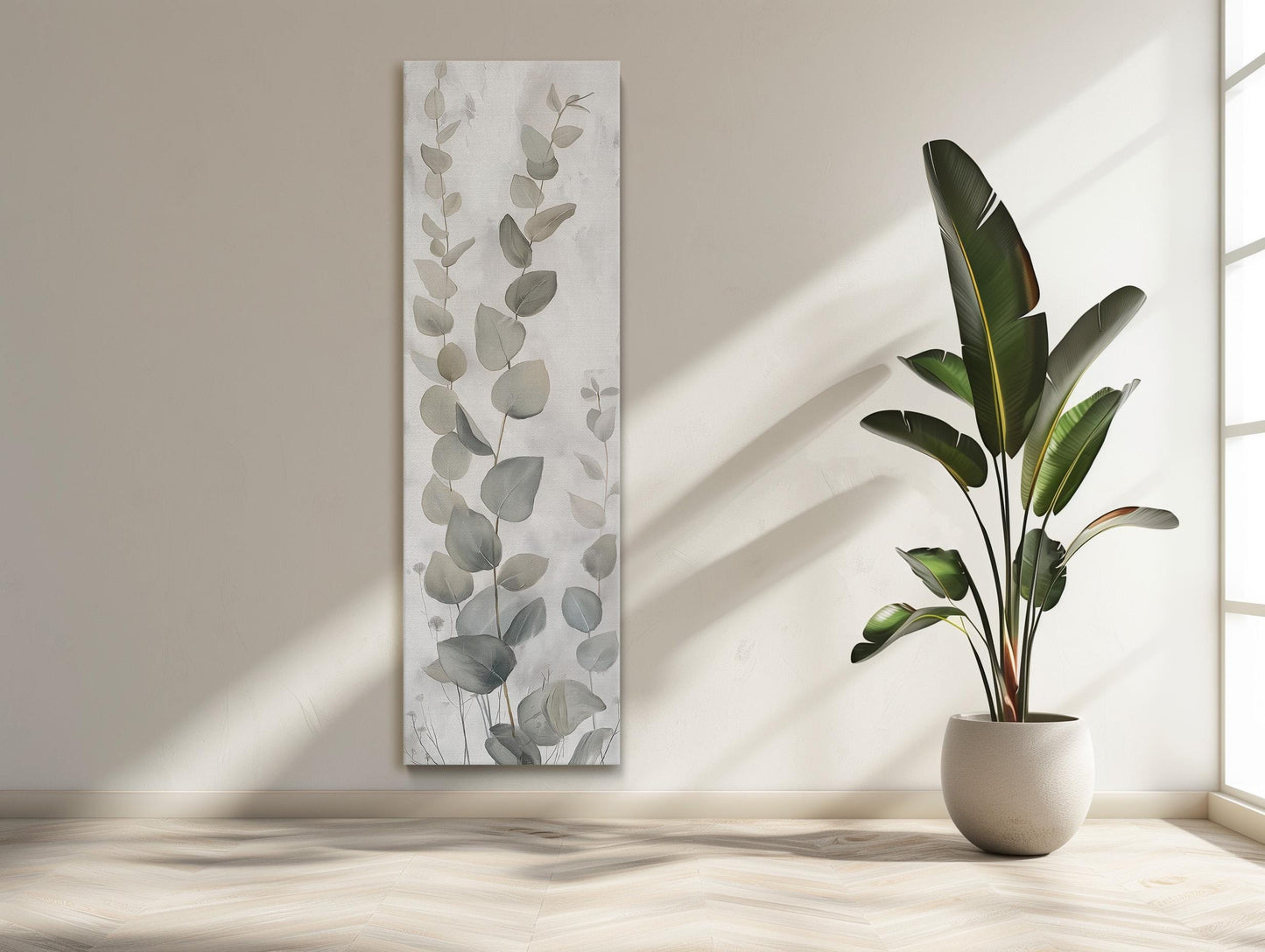 Eucalyptus Leaves , Tall Narrow Botanical canvas wall art shown in a styled room