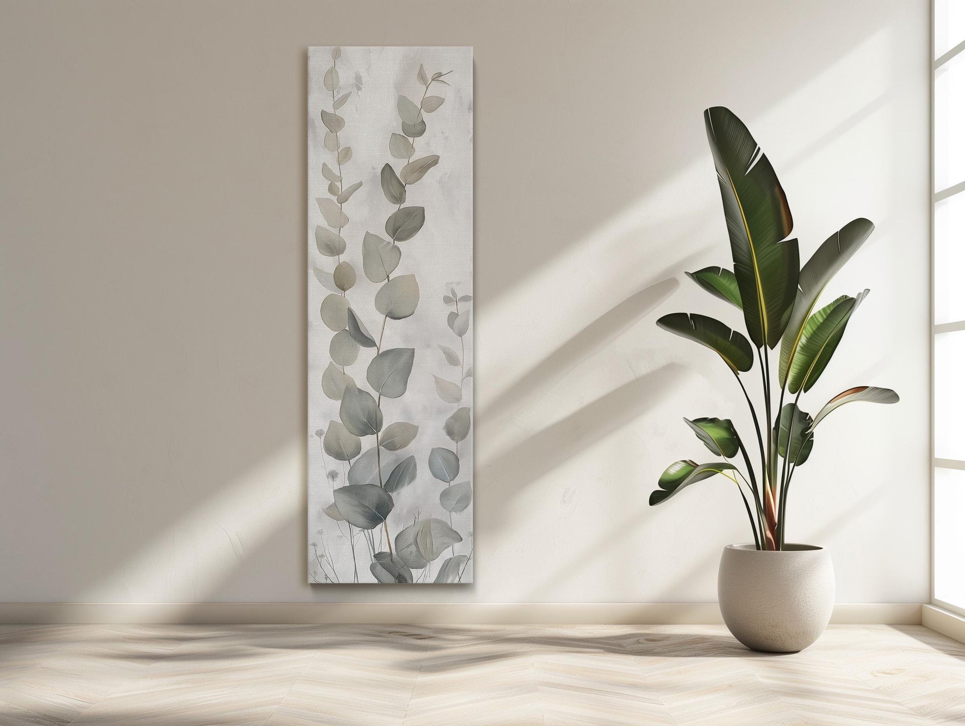 Eucalyptus Leaves , Tall Narrow Botanical canvas wall art shown in a styled room