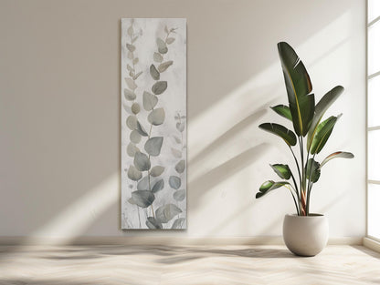 Eucalyptus Leaves , Tall Narrow Botanical canvas wall art shown in a styled room