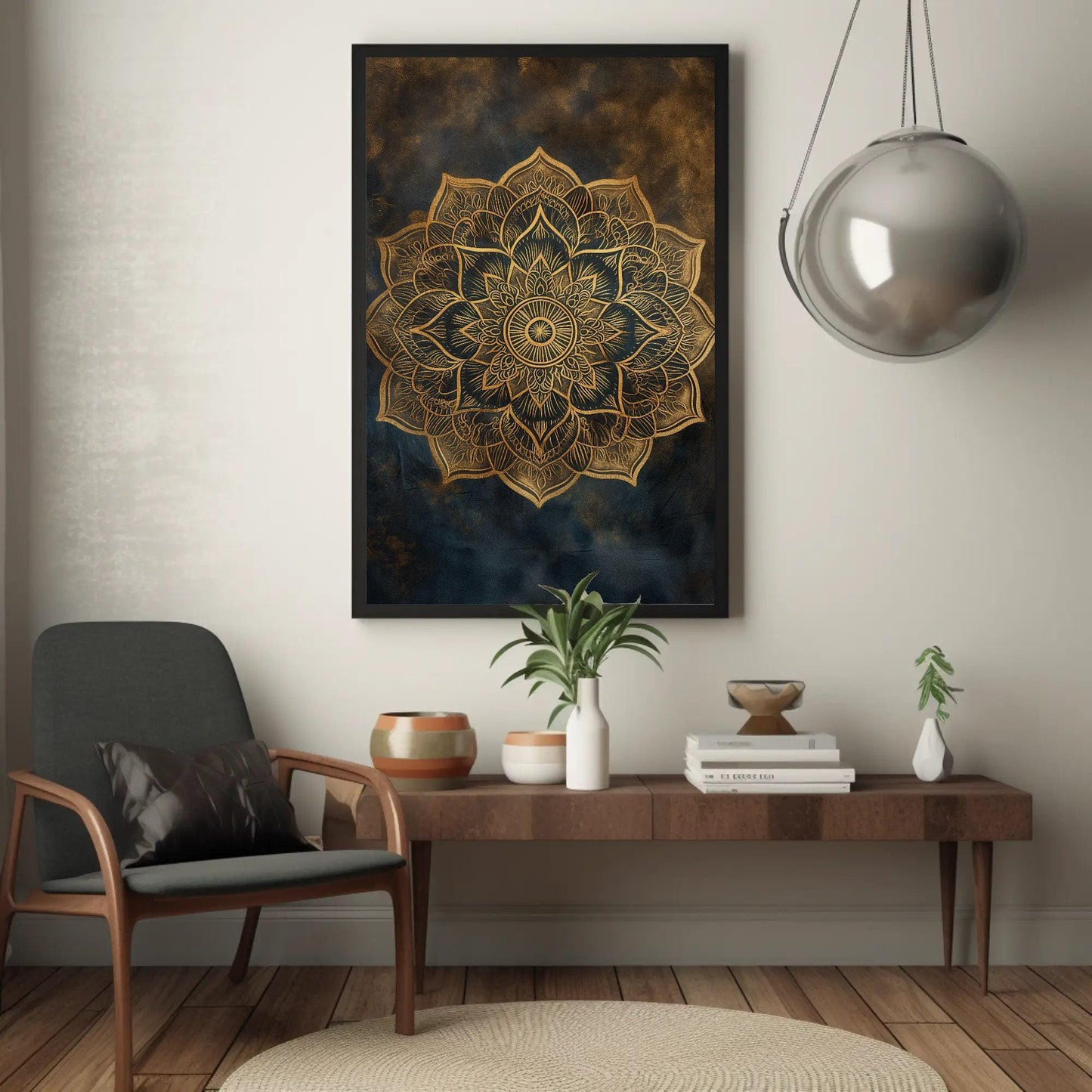 Gold Mandala canvas wall art shown in a living room