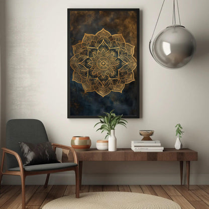 Gold Mandala canvas wall art shown in a living room
