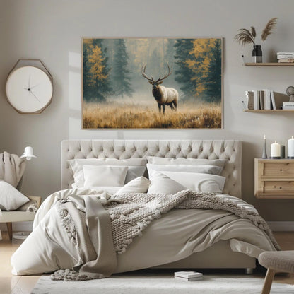 Majestic Elk canvas wall art shown in a styled interior