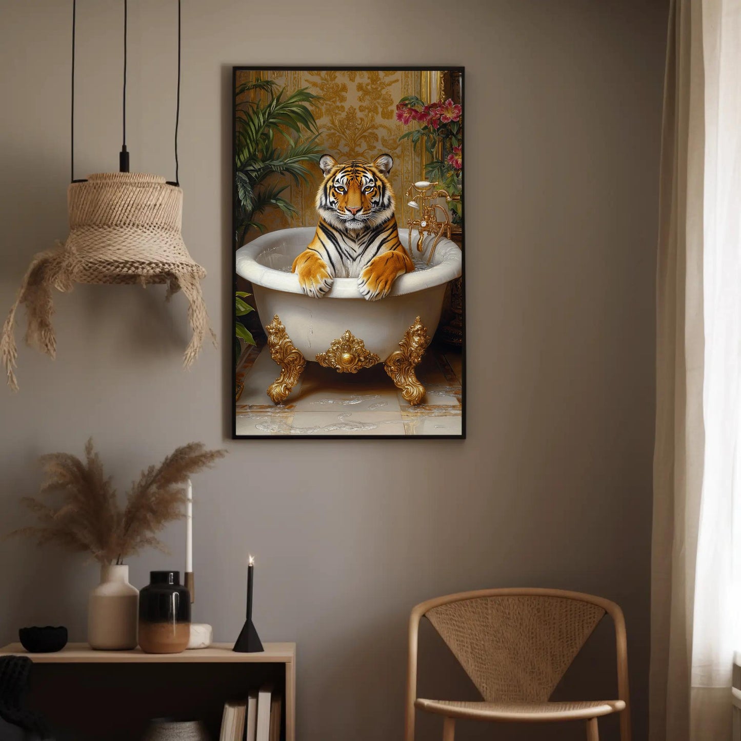 Tiger Bath canvas wall art shown in a styled room (view 6)