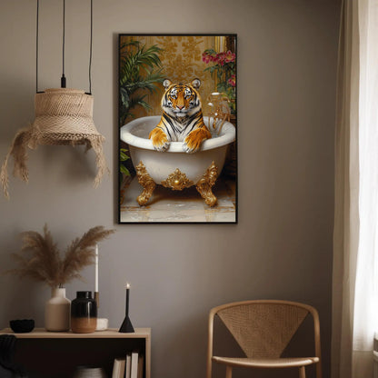 Tiger Bath canvas wall art shown in a styled room (view 6)