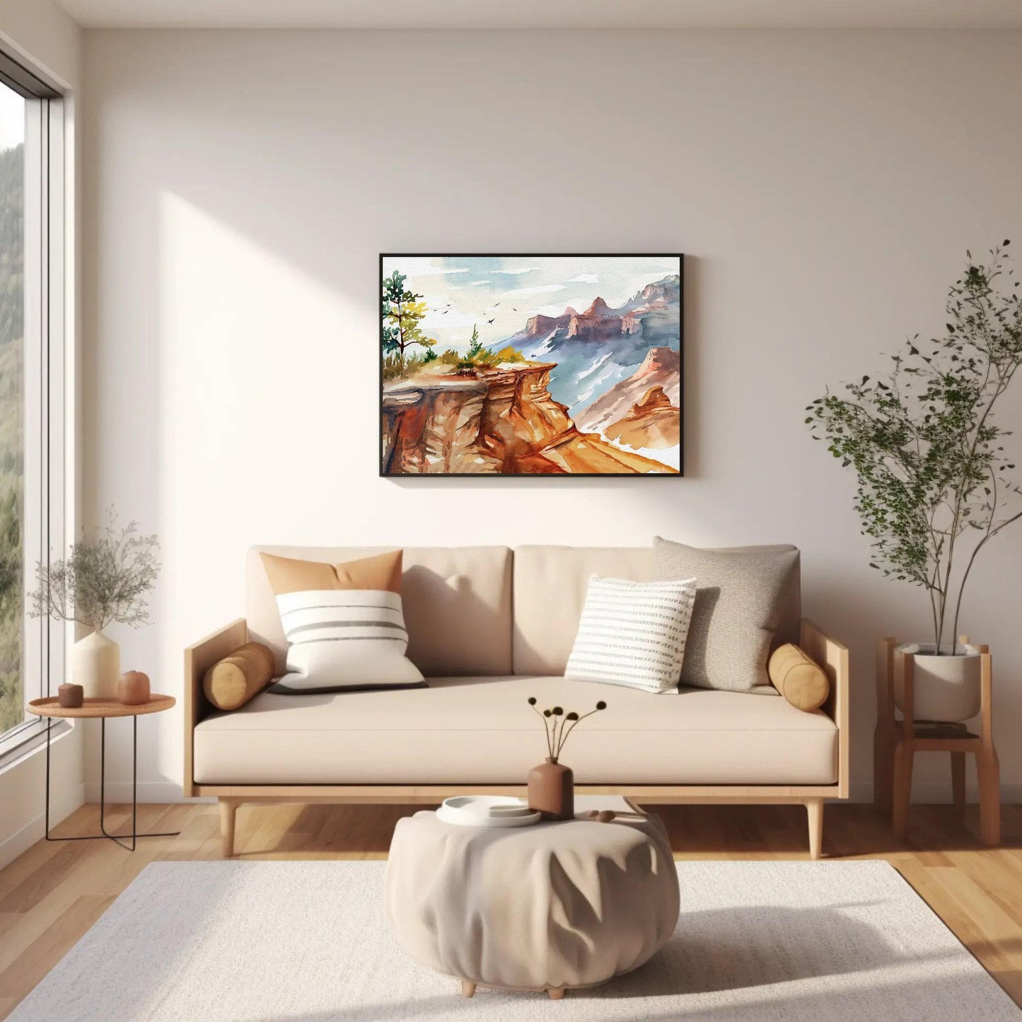 Grand Canyon Watercolor Painting canvas wall art shown in a living room (view 2)