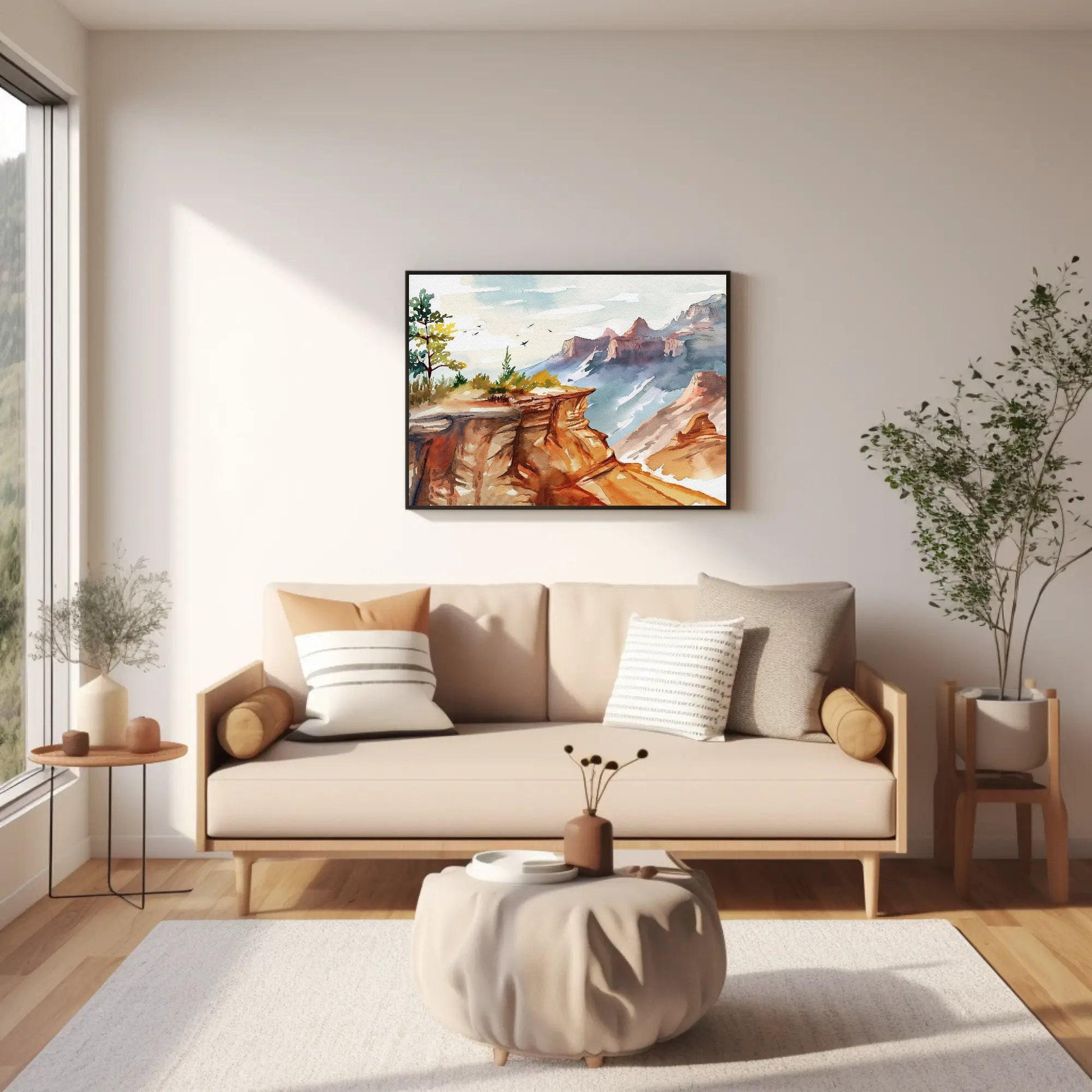 Grand Canyon Watercolor Painting canvas wall art shown in a living room (view 2)