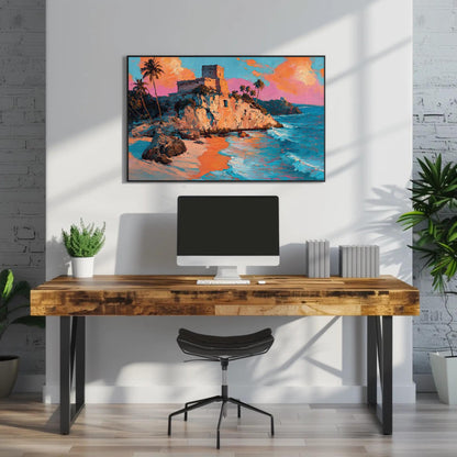 Tulum Ruins Oil Painting canvas wall art shown above a desk