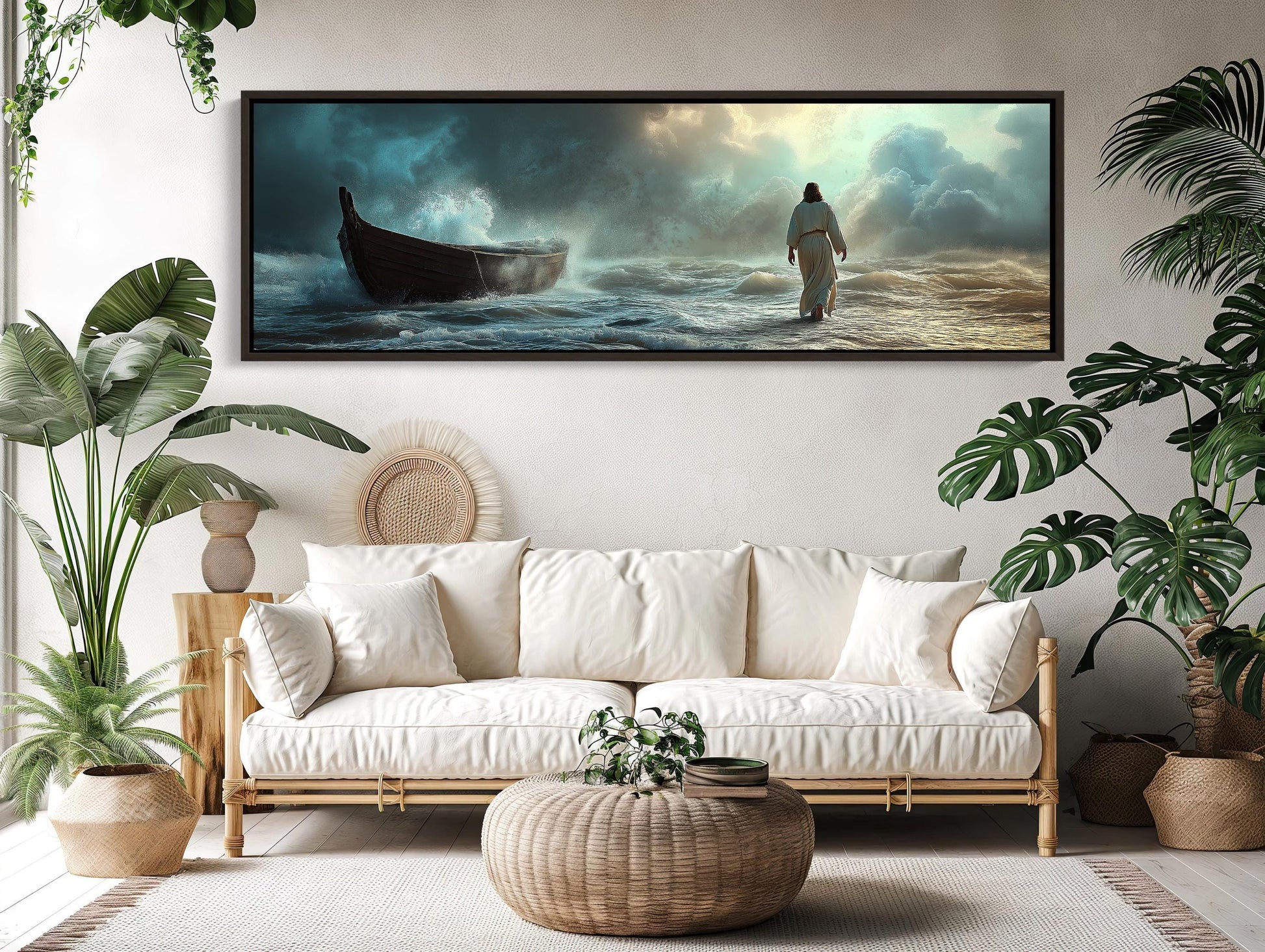 Jesus Walking on Water , Christian Faith canvas wall art shown in a styled room