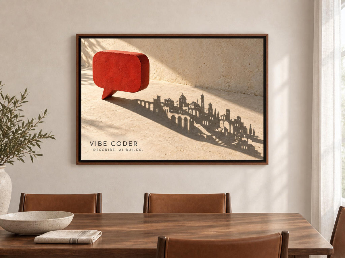 a framed artwork depicting a red speech bubble with a silhouette of a city skyline in the background.