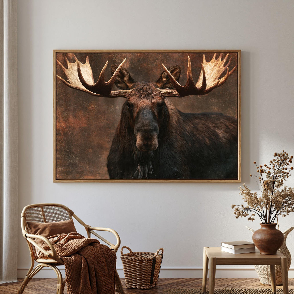 a large framed picture of a moose with large antlers hanging on a wall in a room with a wicker chair, a small table with a vase of flowers, and a basket.
