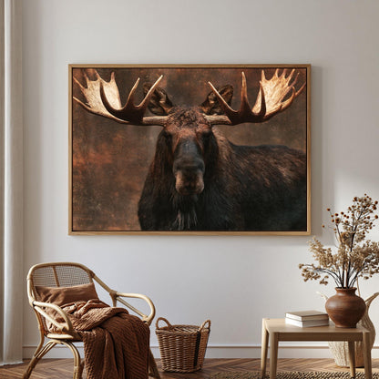 a large framed picture of a moose with large antlers hanging on a wall in a room with a wicker chair, a small table with a vase of flowers, and a basket.
