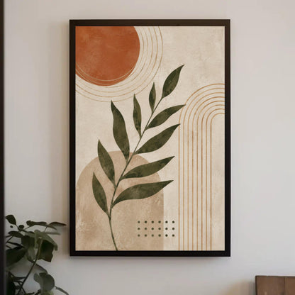 a framed abstract art piece with a leafy green plant design and geometric shapes in shades of orange and beige.