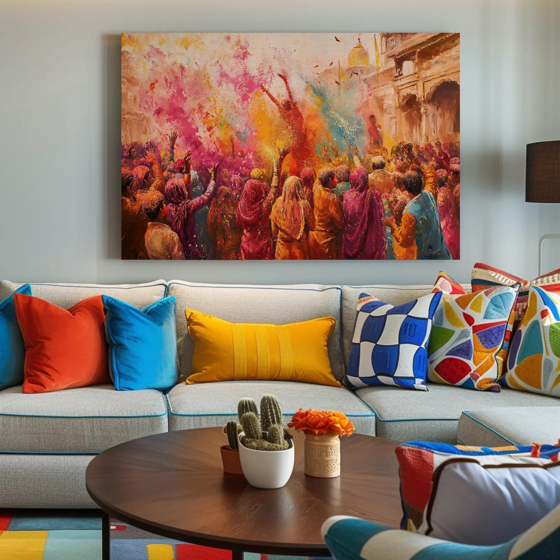 Holi Celebration canvas wall art shown in a living room (view 3)
