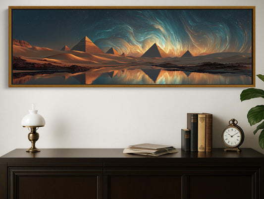 a large framed painting depicting a desert landscape with pyramids in the background, creating a serene and majestic atmosphere.