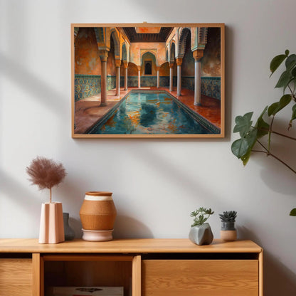 Moroccan Bath House canvas wall art shown in a styled interior (view 3)