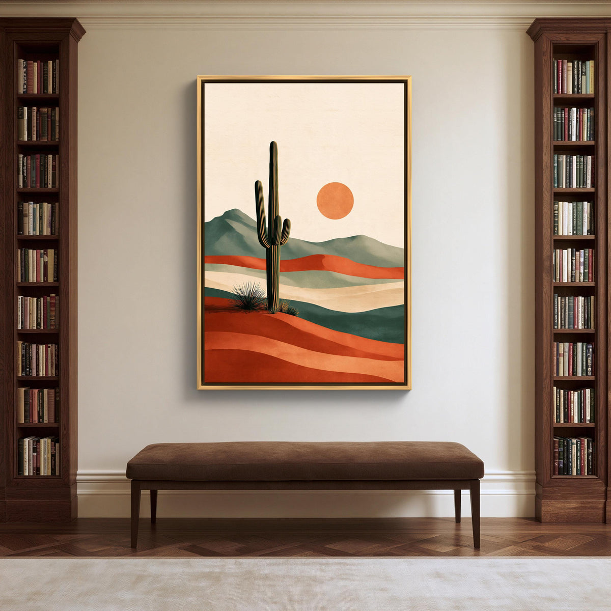 Boho cactus and sun canvas wall art, large framed painting of a desert landscape with a cactus in the foreground and