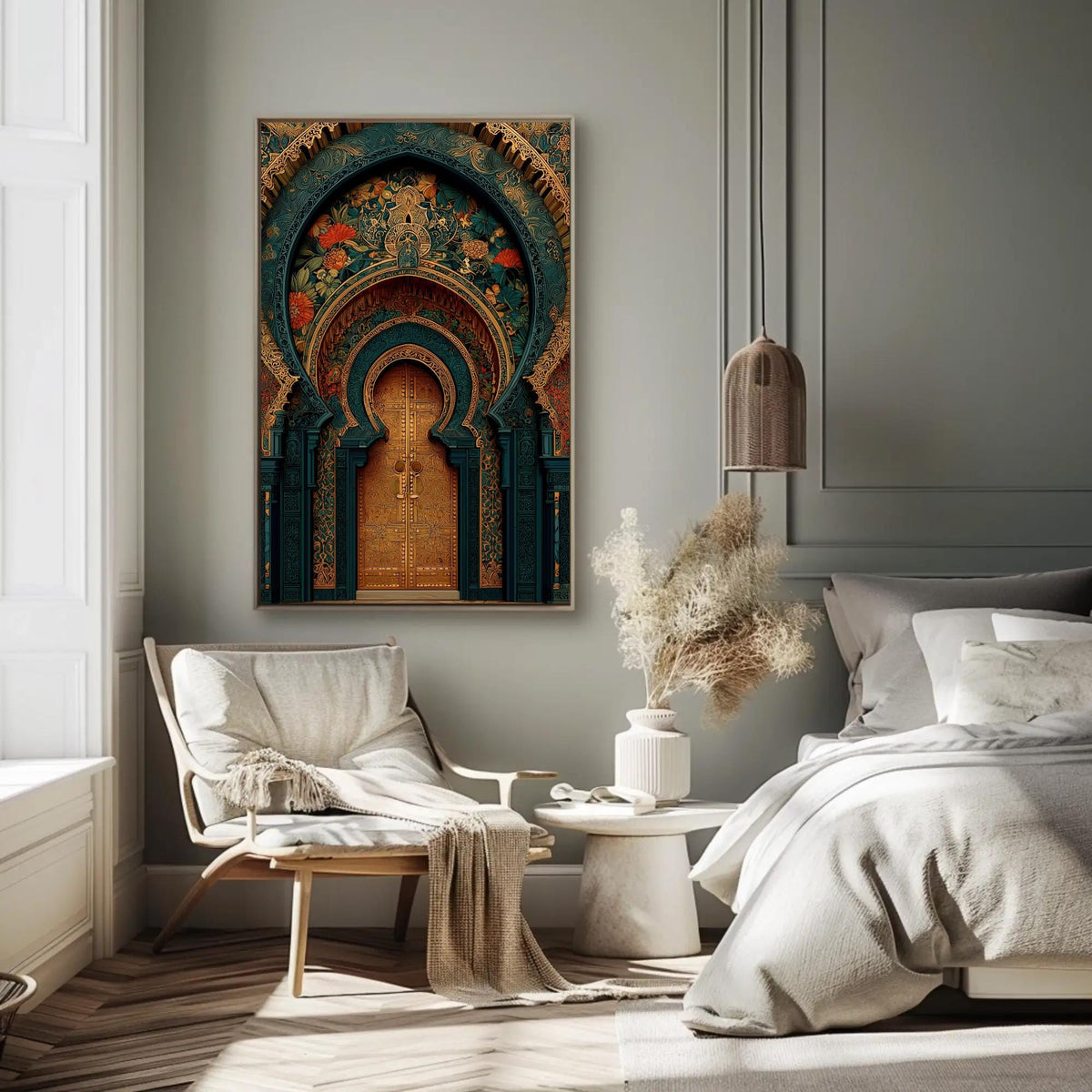 Moroccan palace archway canvas wall art, bed room with a neatly made bed and a painting on the wall