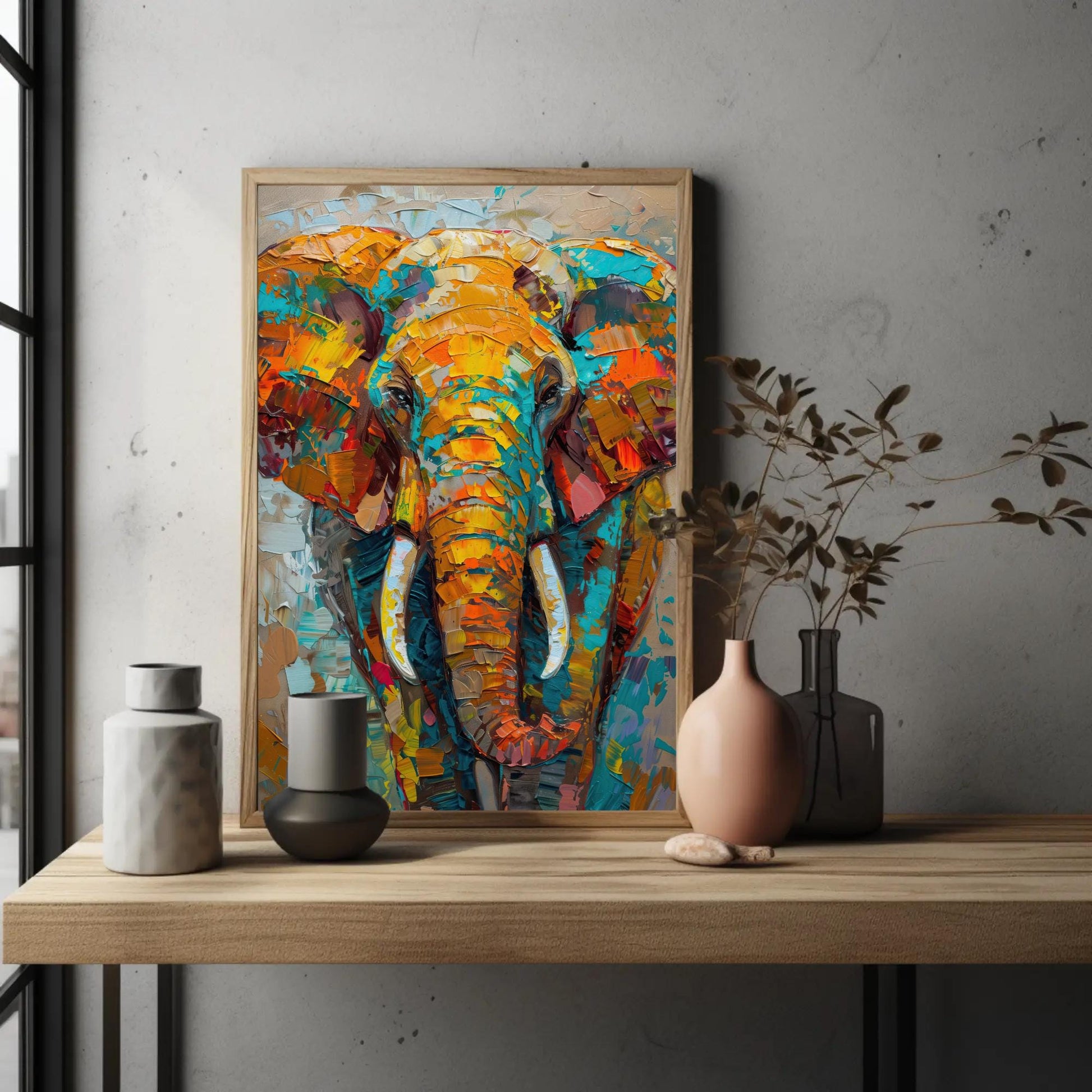 Vivid Elephant canvas wall art shown in a styled room (view 2)