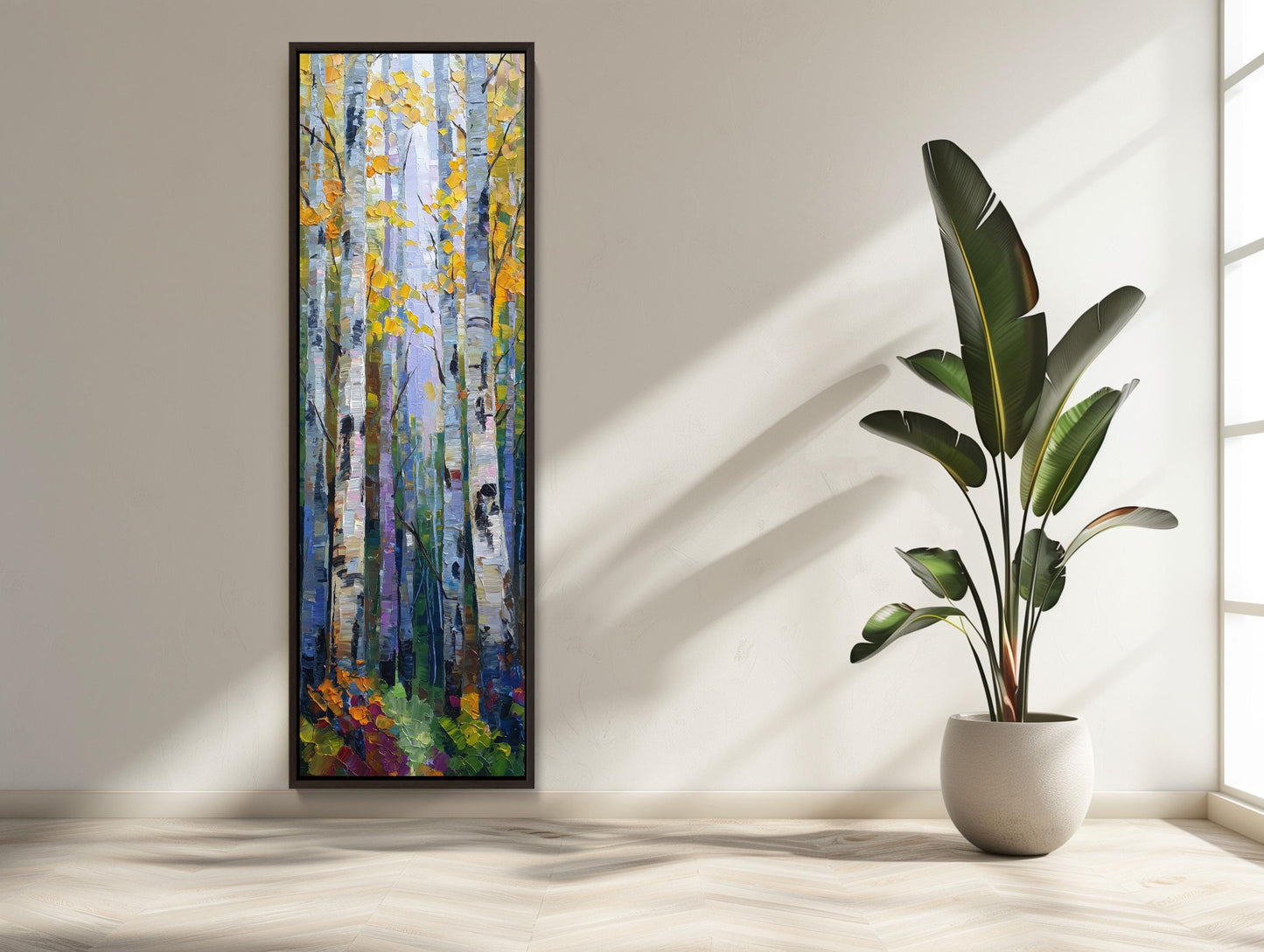 Autumn Birch Grove canvas wall art shown in a styled room
