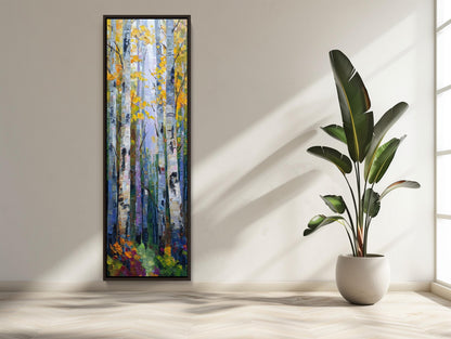 Autumn Birch Grove canvas wall art shown in a styled room