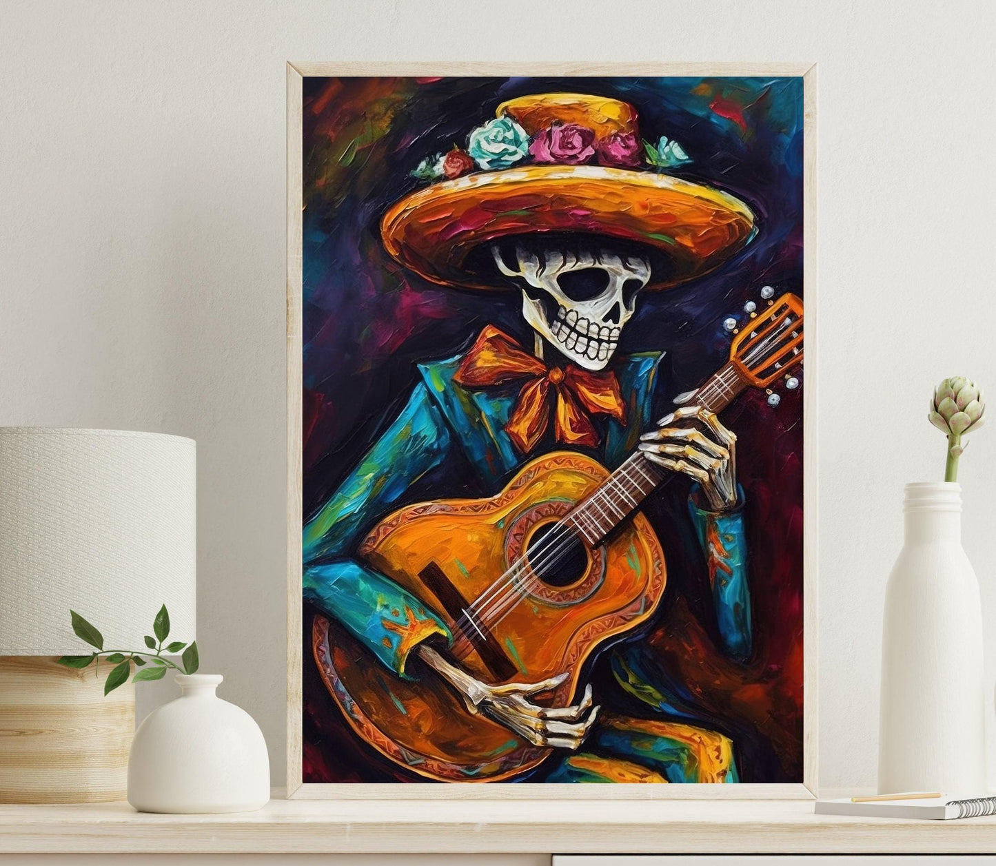 Mariachi Skeleton Canvas, Mexican Wall Art, Calavera Art Print on Premium Canvas