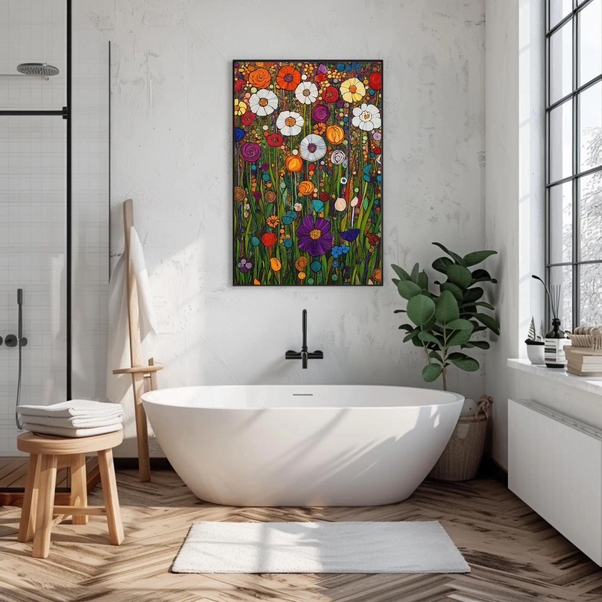 Klimt Floral canvas wall art shown in a bathroom