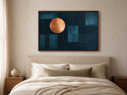 a bedroom with a large bed, a wooden headboard, and a framed artwork hanging above it. The artwork depicts a large orange circle against a dark blue background, creating a striking contrast.