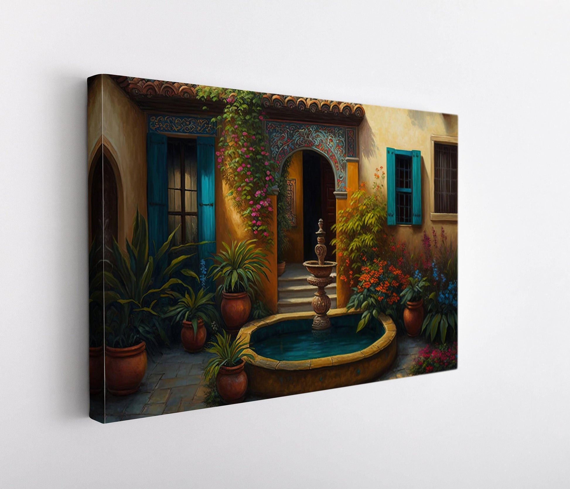 Mexican Courtyard folk art canvas wall art, ready to hang