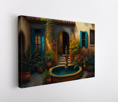 Mexican Courtyard folk art canvas wall art, ready to hang