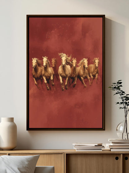 A framed painting of six galloping horses in a red background hangs on a wall, with a wooden cabinet below it and a stack of books on top.