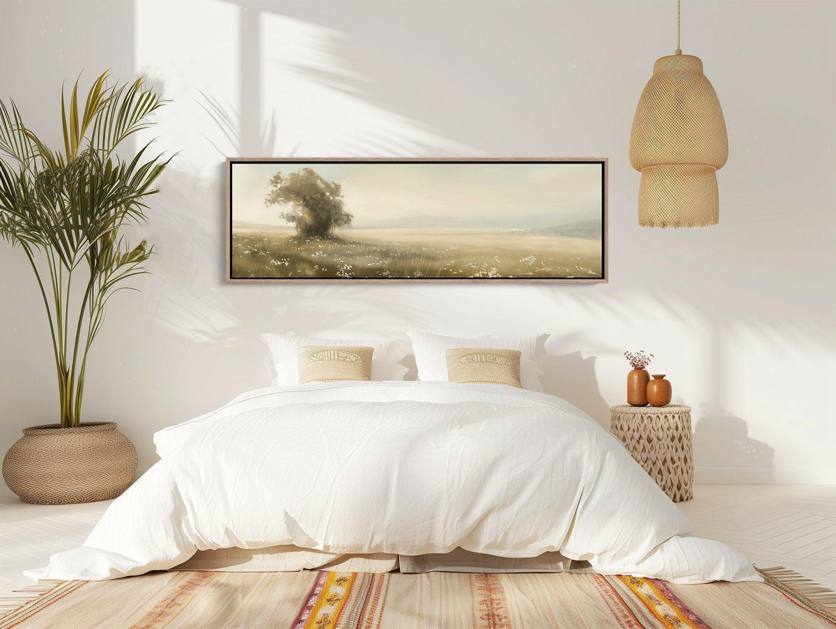 Lone tree vintage meadow canvas wall art, bedroom with a large bed and a painting on the wall